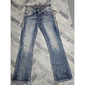 New Men's Rock Revival Destroyed MOSELEY Slim Boot Leather Flap Jeans Size 26x29